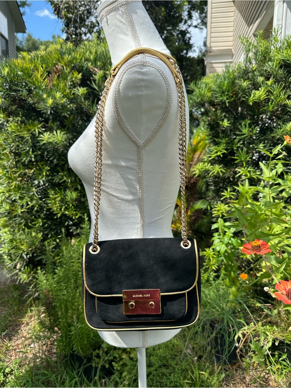 Michael Kors Black Suede Shoulder Bag with Gold Trim